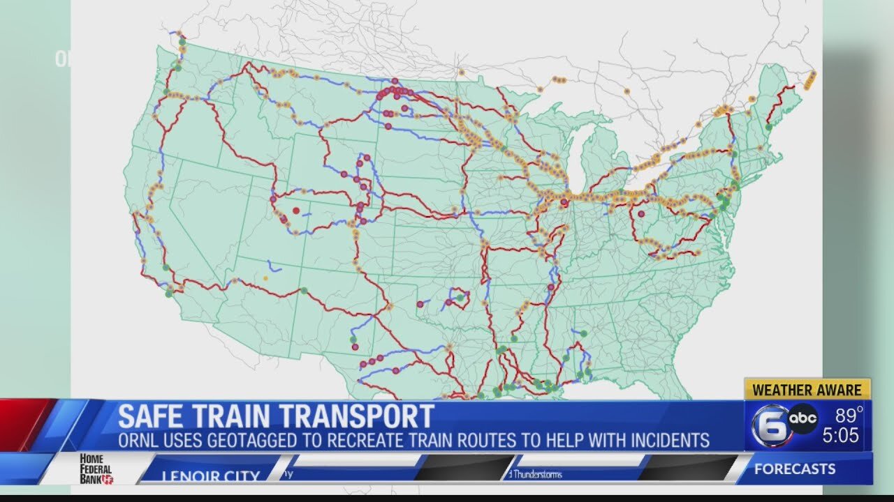 TV news segment showing a U.S. map of crude oil train routes reconstructed from geotagged photos