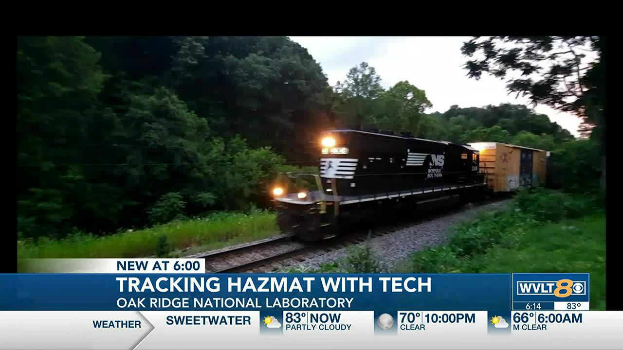 WVLT 8 evening news segment "Tracking Hazmat with Tech, Oak Ridge National Laboratory" showing a Norfolk Southern freight train